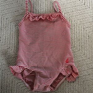 Petit Bateau Red and White Striped Kids Swim One Piece